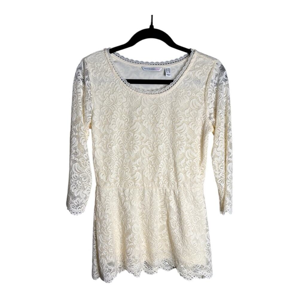 Isaac Mizrahi Cream Lace Peplum Top With 3/4 Length Sleeves XXS